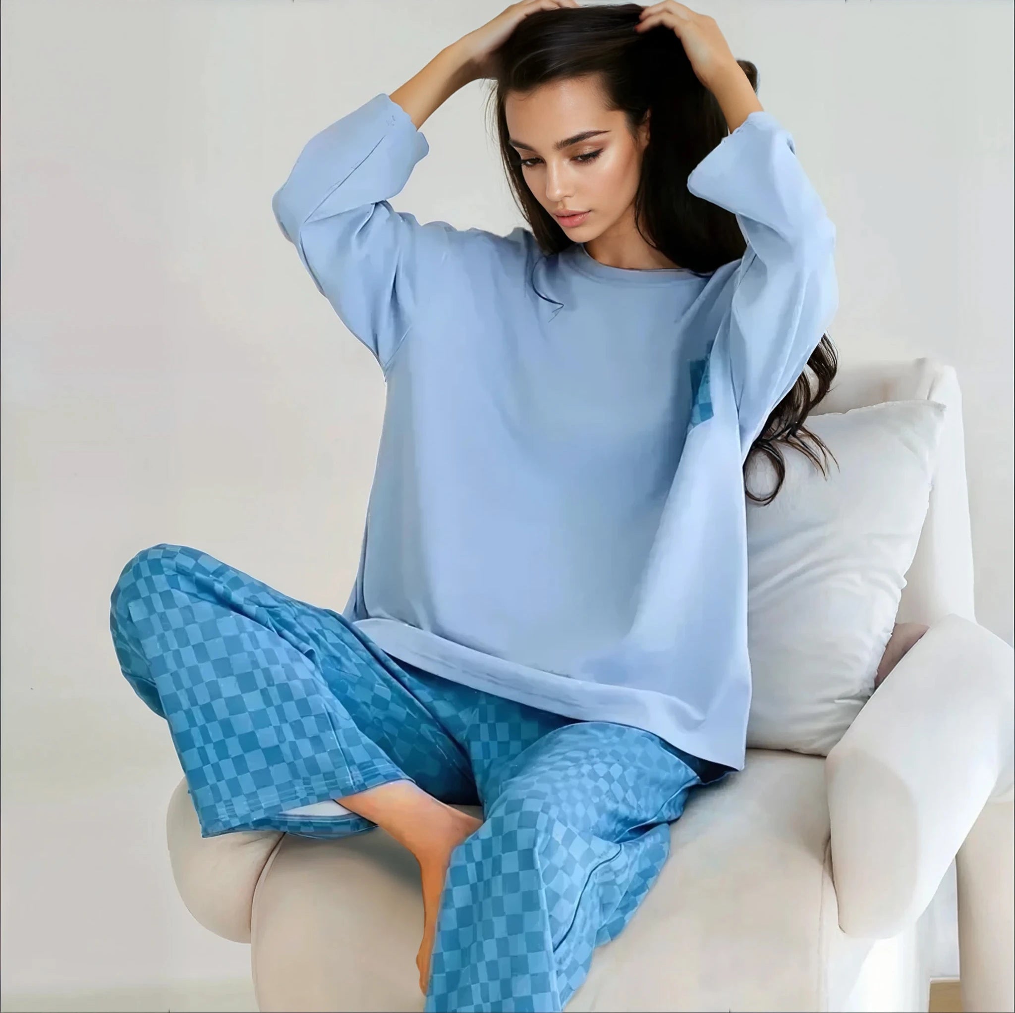 Full Sleeves Cotton Night Suit Set - Blue