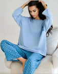 Full Sleeves Cotton Night Suit Set - Blue