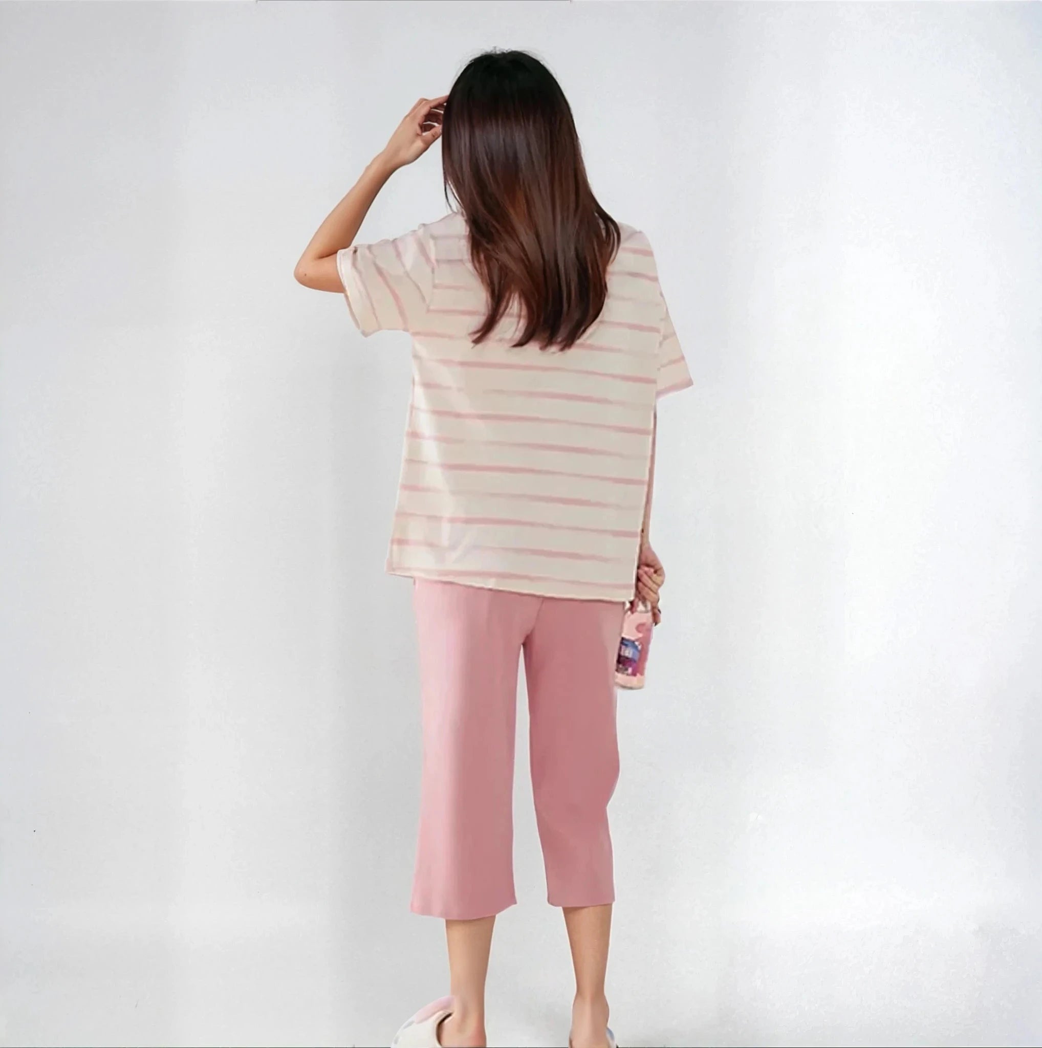 Half Sleeves Cotton Night Suit Set - Pink & Ivory