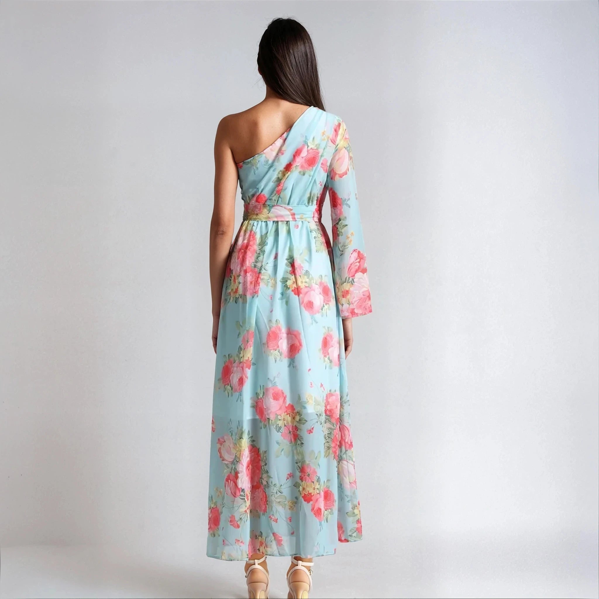 One Shoulder Floral  Dress - Blue