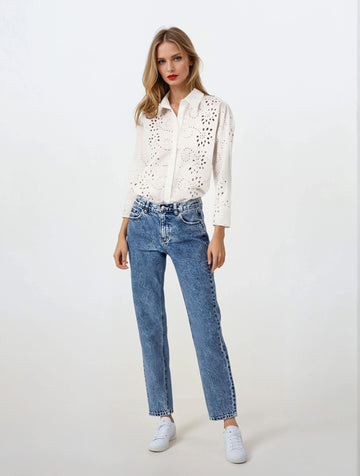Stylish Pattern Cut-Out Blouse - White