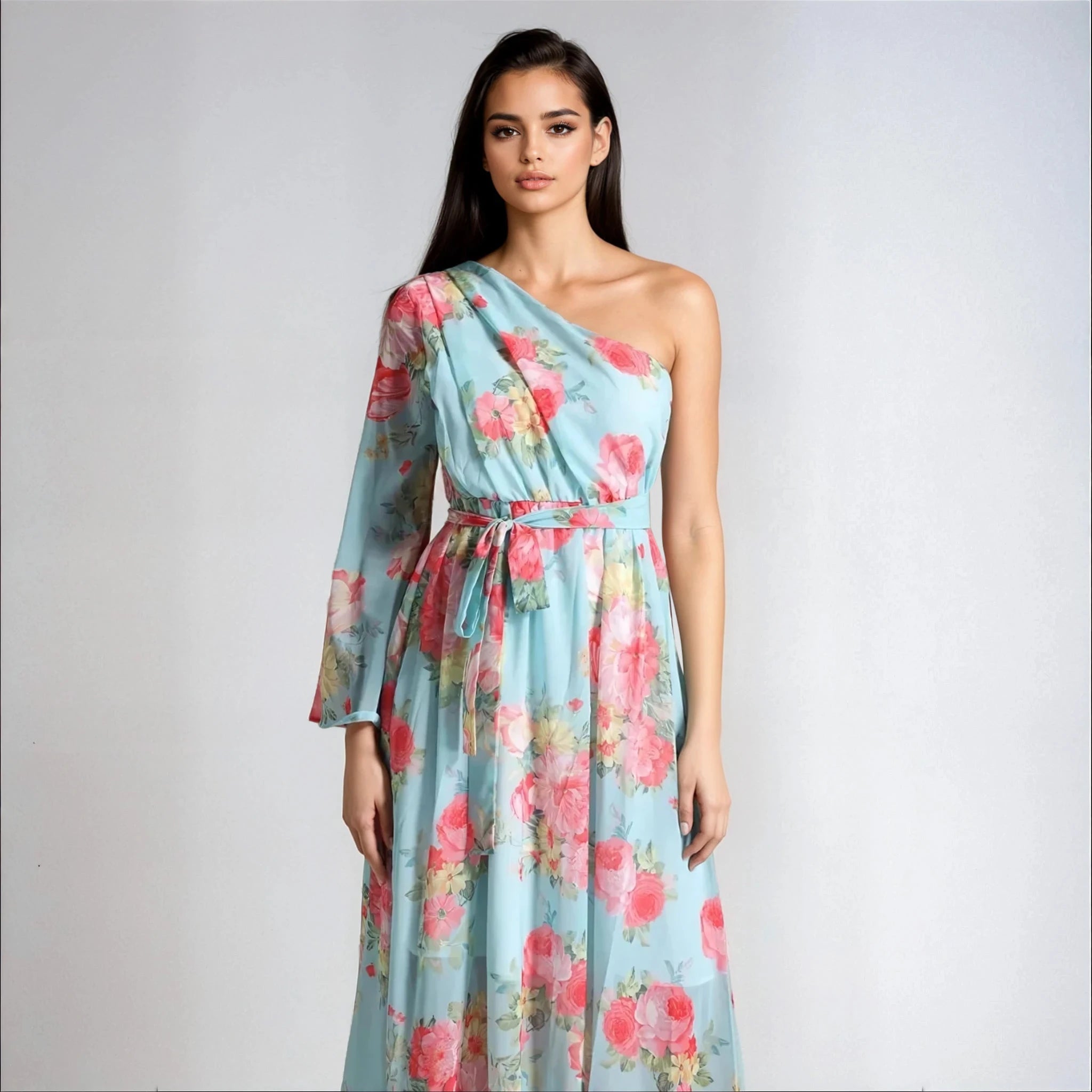 One Shoulder Floral  Dress - Blue