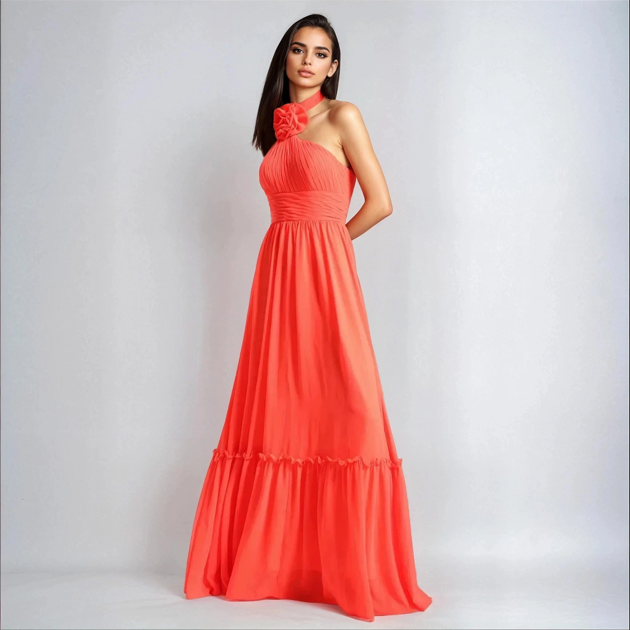 Flower Halter Neck Maxi Dress - Orange