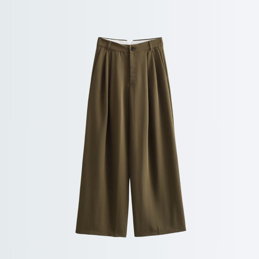 High Rise Wide Legged Essential Pants - Shade Of Olive Green