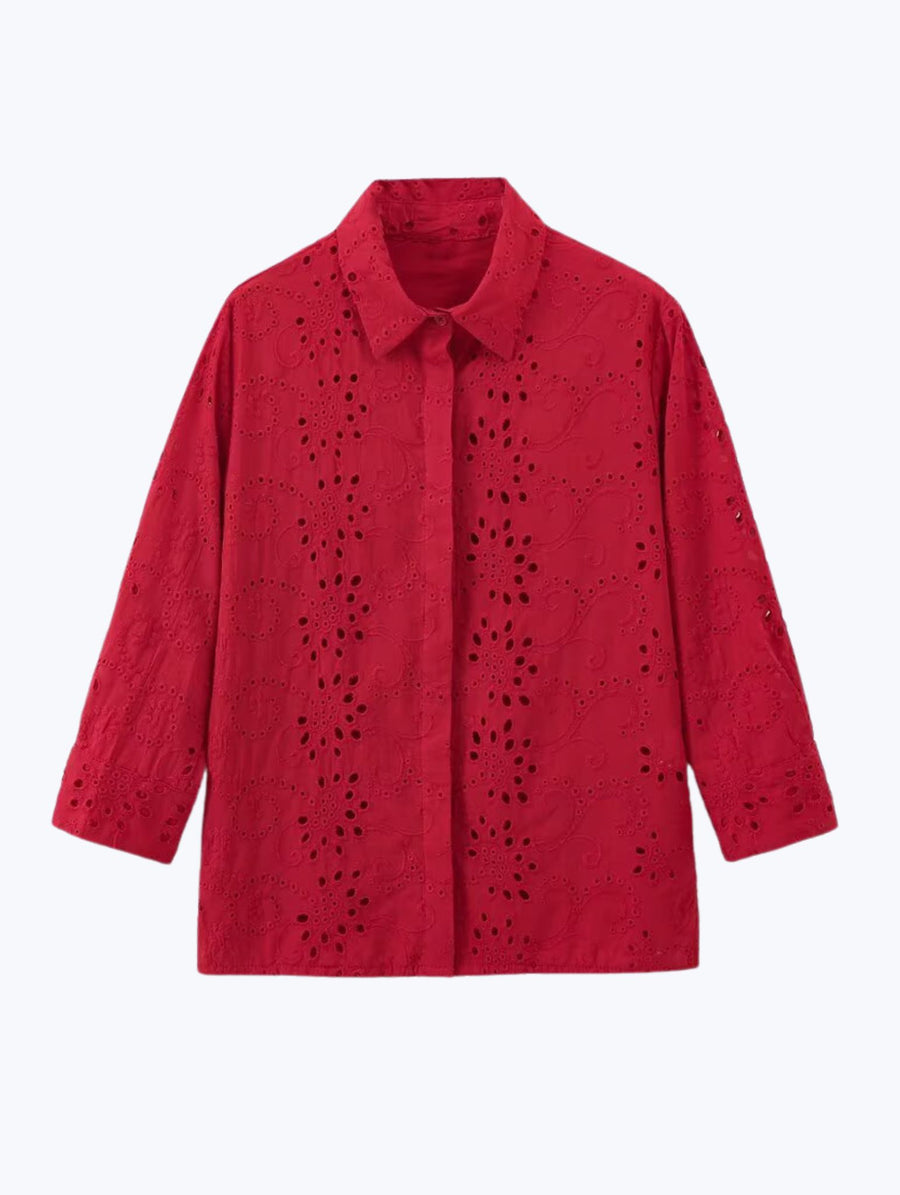 Stylish Pattern Cut-Out Blouse - Red