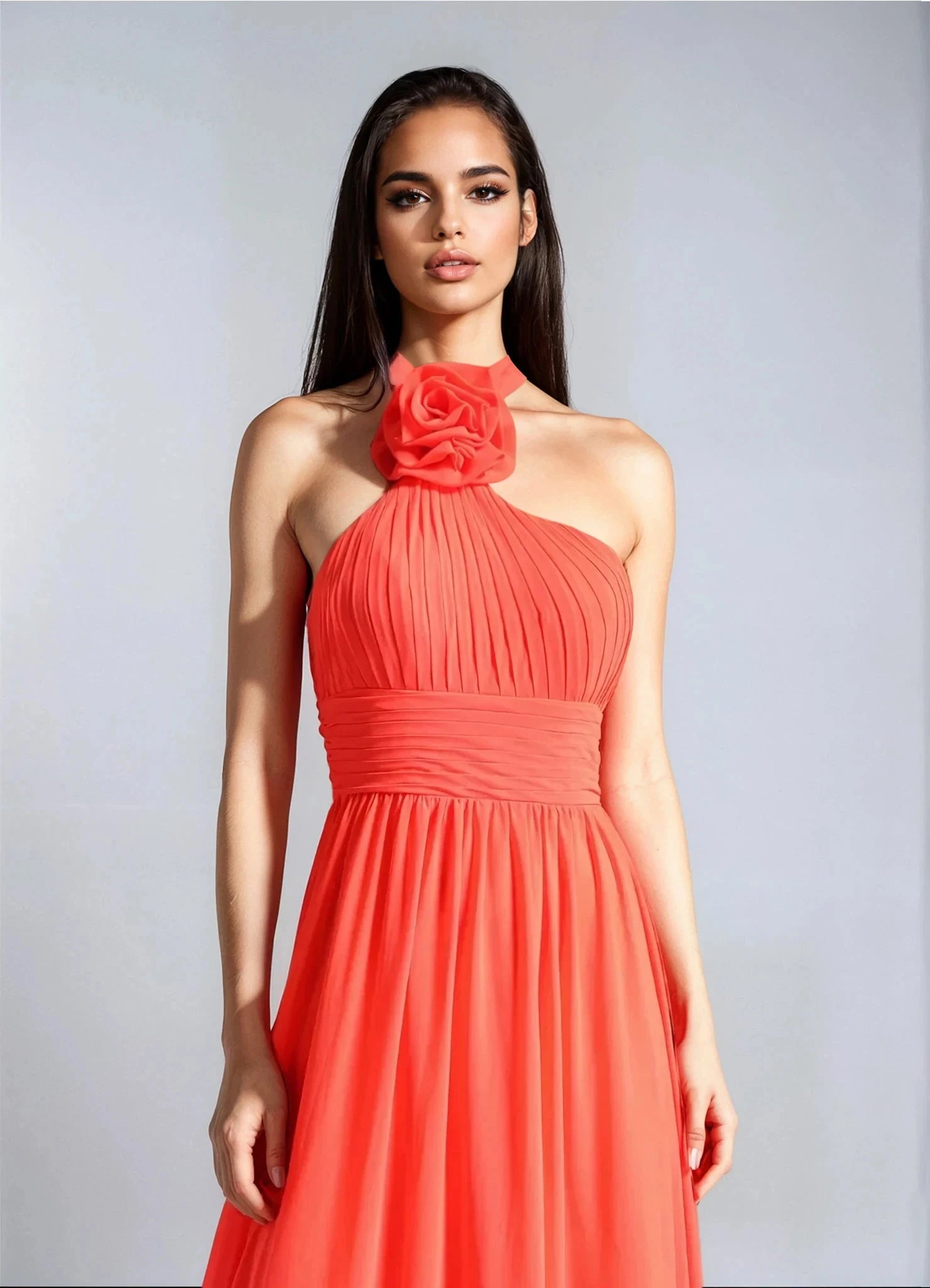 Flower Halter Neck Maxi Dress - Orange