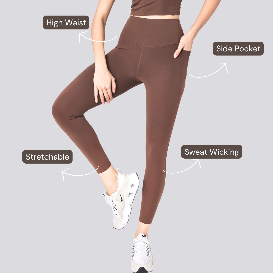 High-Rise Leggings With Side-Pockets - Brown