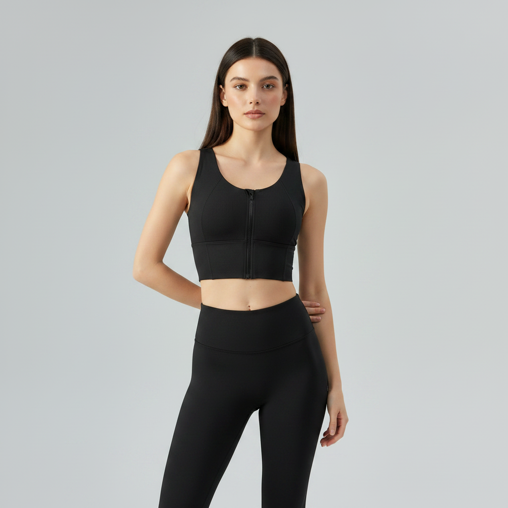 Front Zip Sports Bra - Black
