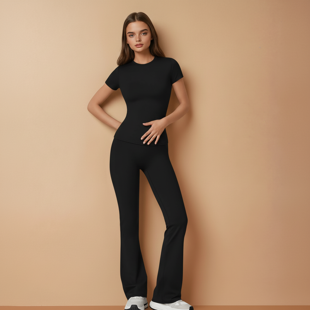Half Sleeve Flare Pant Yoga Set - Black