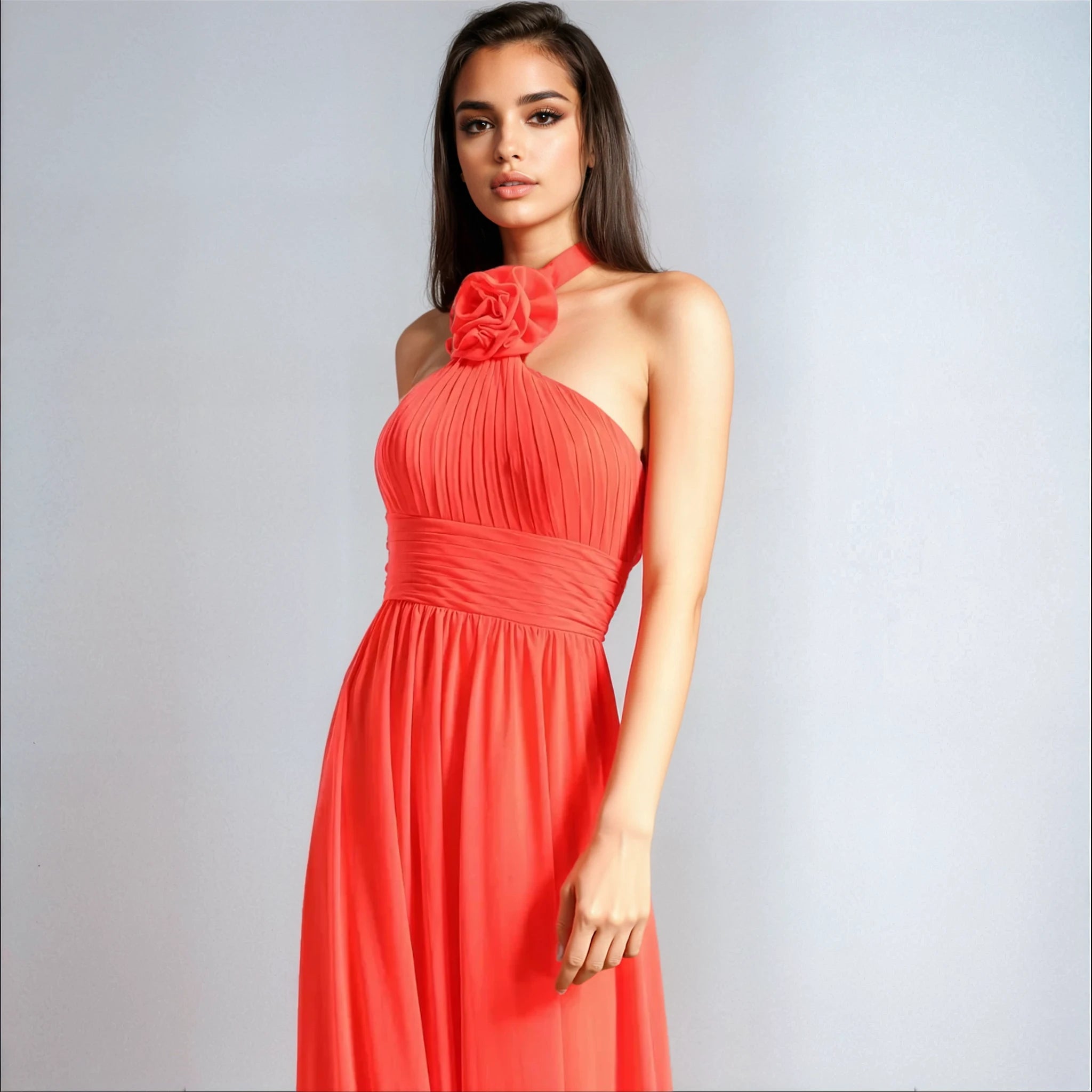 Flower Halter Neck Maxi Dress - Orange