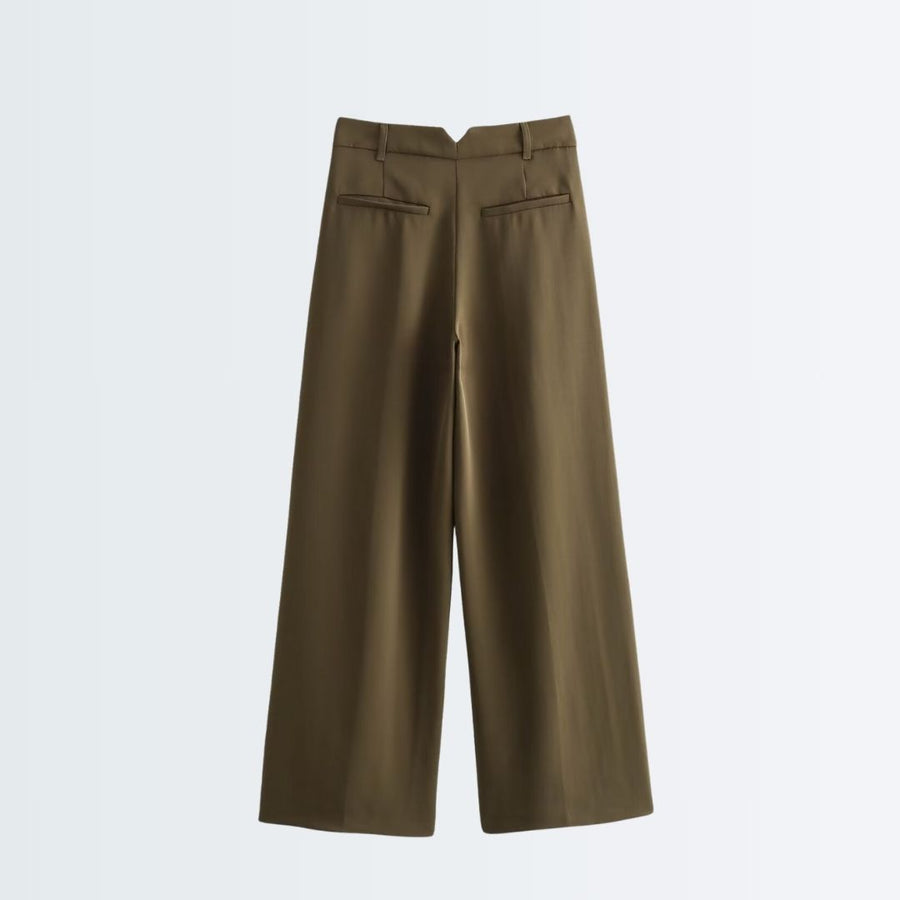 High Rise Wide Legged Essential Pants - Shade Of Olive Green