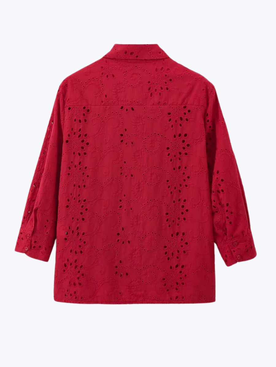 Stylish Pattern Cut-Out Blouse - Red