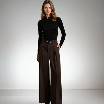 High Rise Wide Legged Pants With Belt - Brown