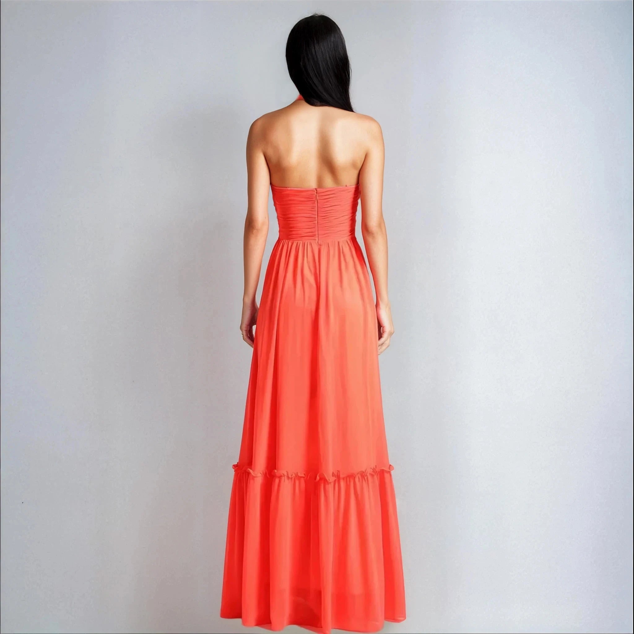 Flower Halter Neck Maxi Dress - Orange