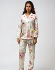 Full Sleeves Cotton Button Down Night Suit Set - Pink Spray