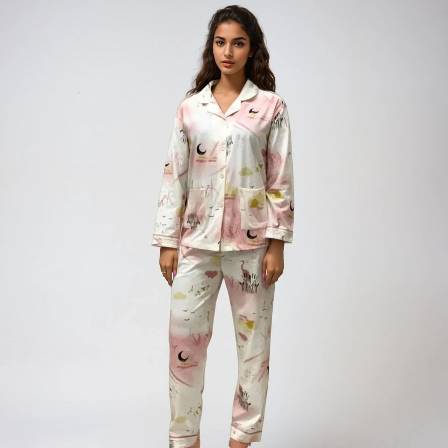 Full Sleeves Cotton Button Down Night Suit Set - Pink Spray