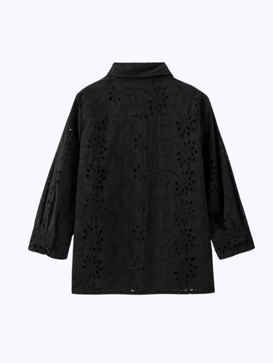 Stylish Pattern Cut-Out Blouse - Black
