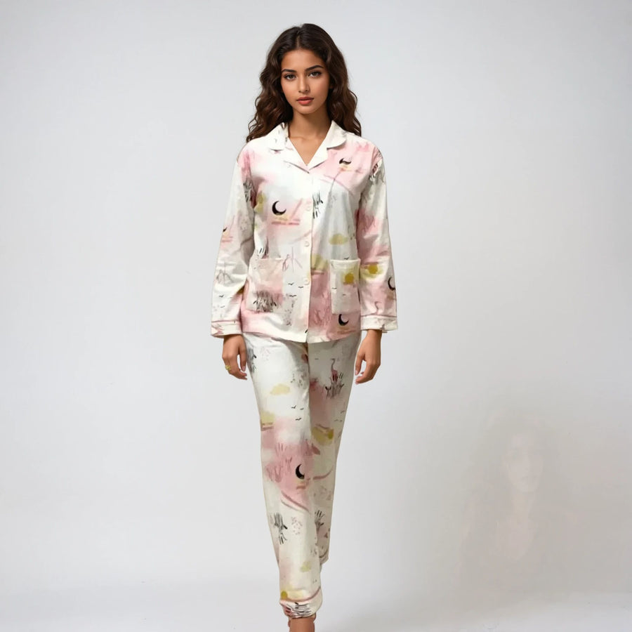 Full Sleeves Cotton Button Down Night Suit Set - Pink Spray