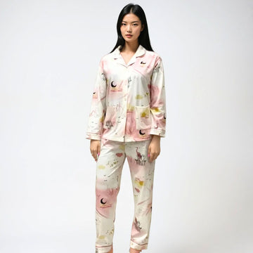 Full Sleeves Cotton Button Down Night Suit Set - Pink Spray