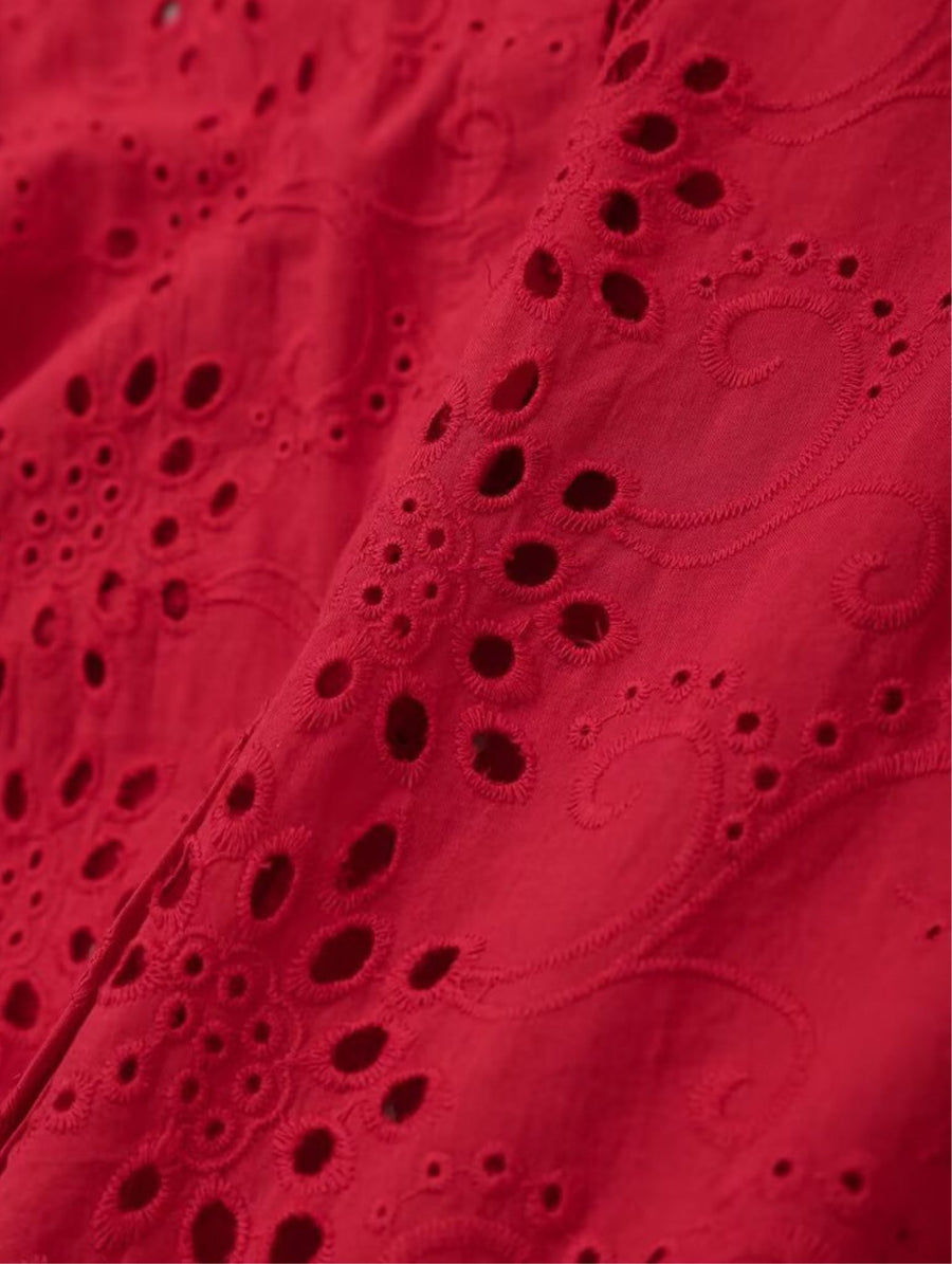 Stylish Pattern Cut-Out Blouse - Red