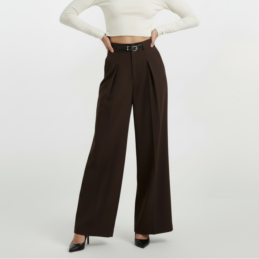 High Rise Wide Legged Pants With Belt - Brown