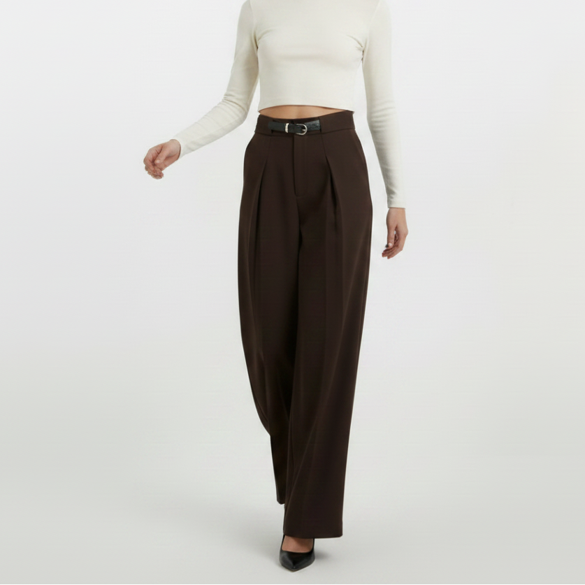 High Rise Wide Legged Pants With Belt - Brown