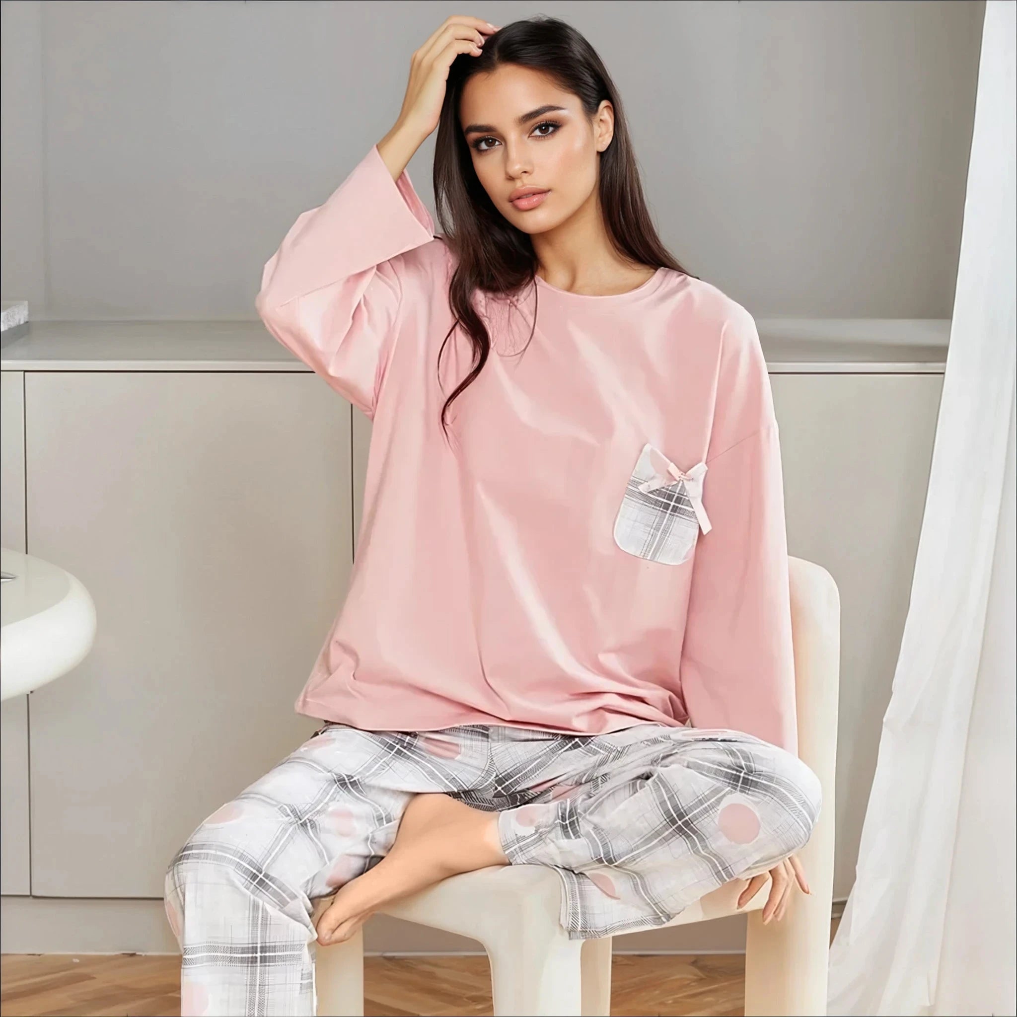 Full Sleeves Cotton Night Suit Set - Pink & Grey