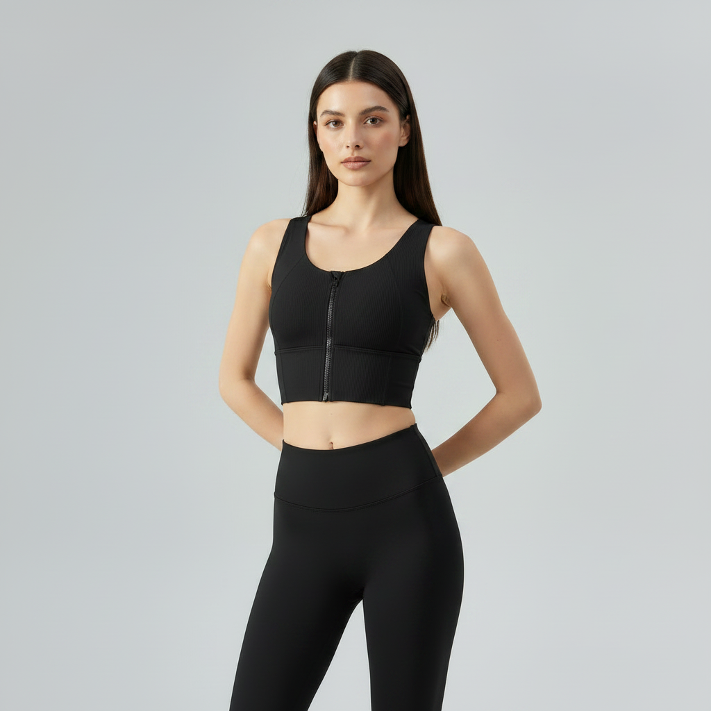 Front Zip Sports Bra - Black