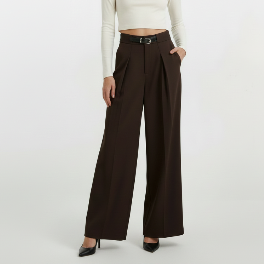 High Rise Wide Legged Pants With Belt - Brown