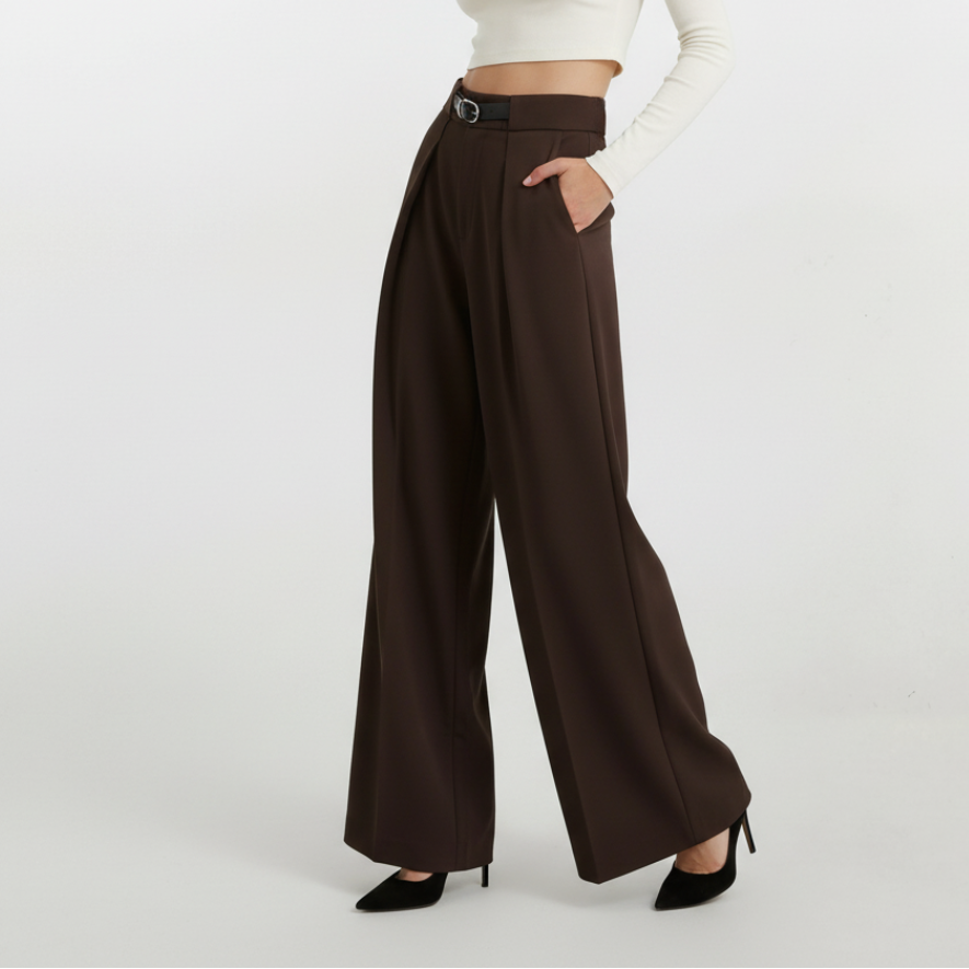 High Rise Wide Legged Pants With Belt - Brown