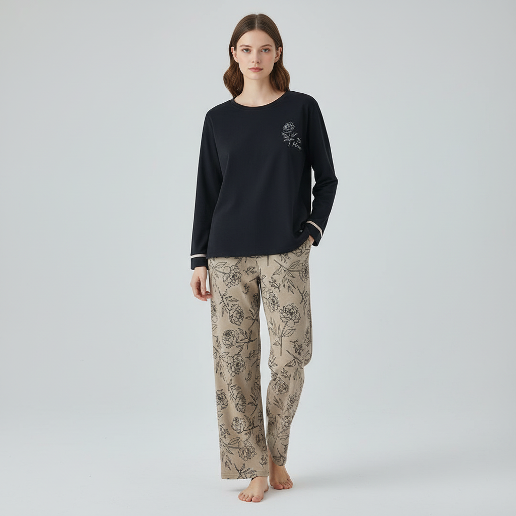 Full Sleeves Cotton Night Suit Set - Black