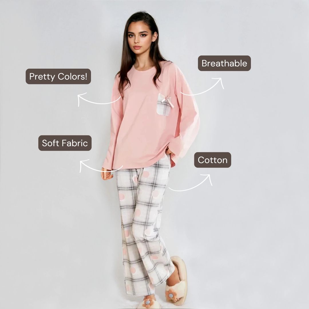 Full Sleeves Cotton Night Suit Set - Pink & Grey