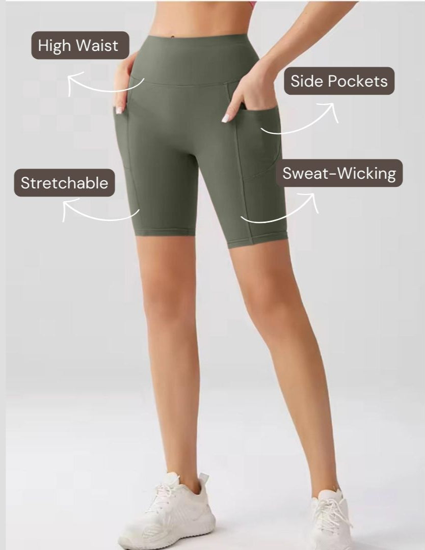 Embrace High Rise Shorts With Pockets - Olive Green