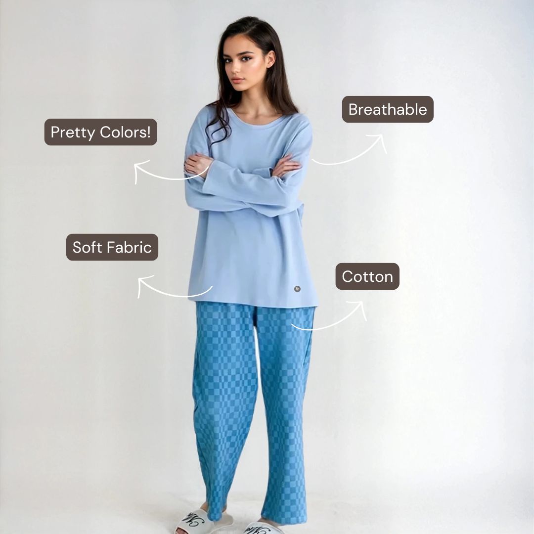 Full Sleeves Cotton Night Suit Set - Blue