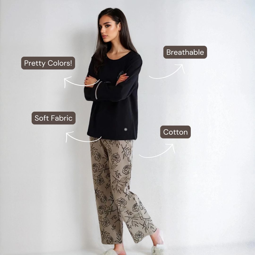 Full Sleeves Cotton Night Suit Set - Black