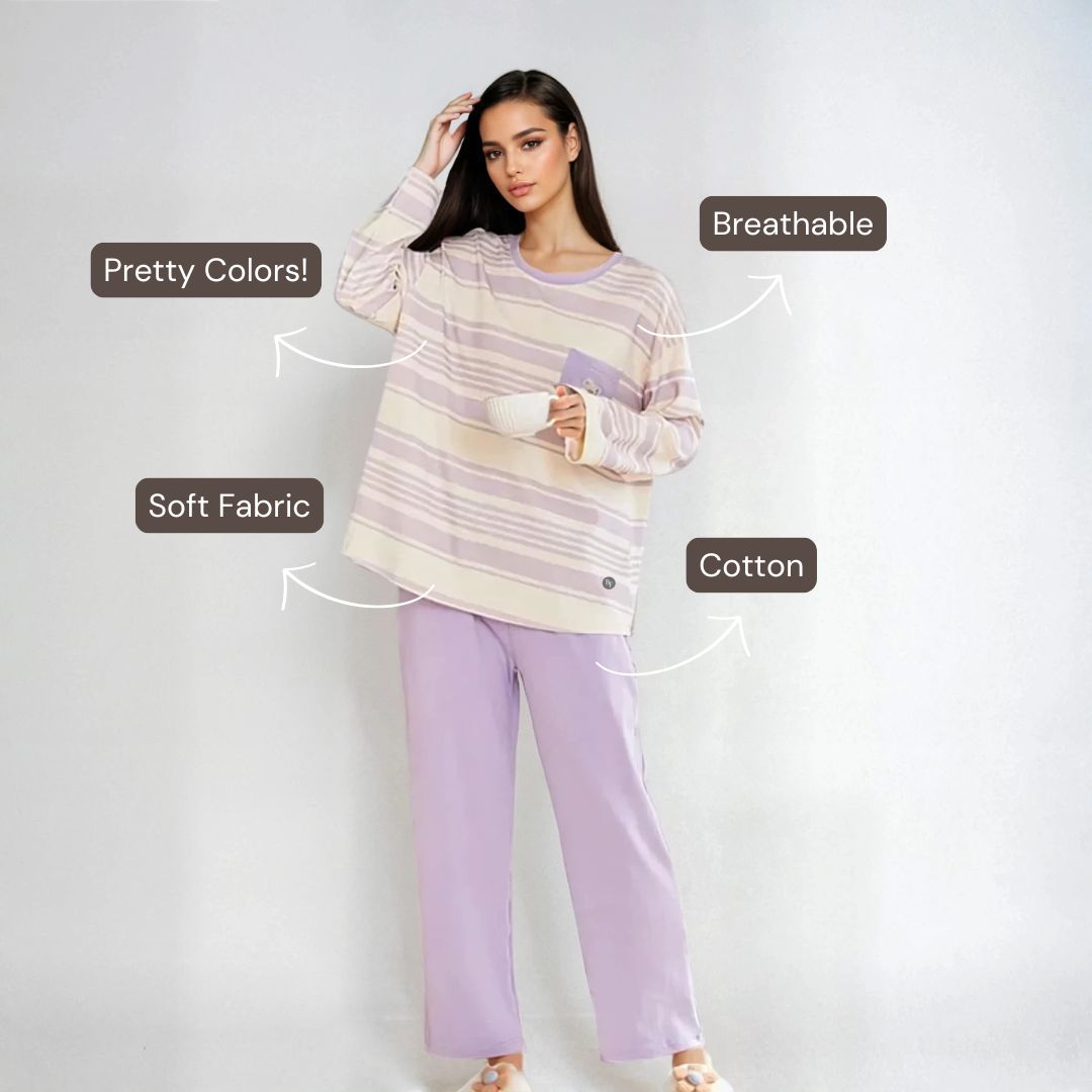 Full Sleeves Cotton Night Suit Set - Purple & Ivory