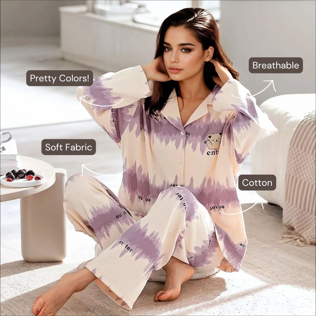 Full Sleeves Cotton Button Down  Night Suit Set - Purple & Ivory