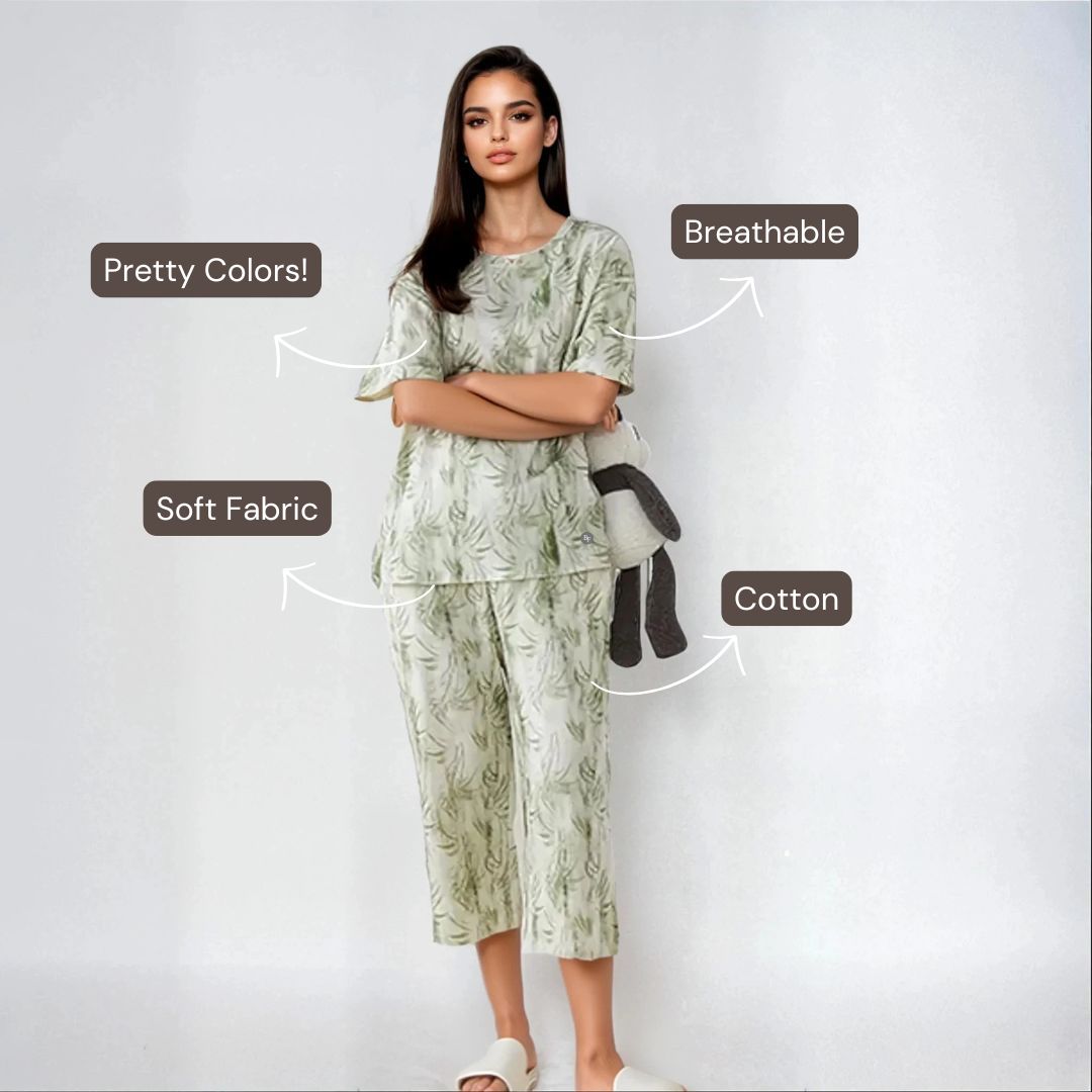 Half Sleeves Cotton Night Suit Set - Rainforest Green