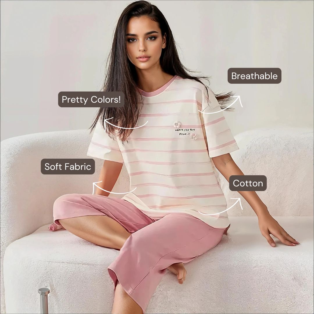 Half Sleeves Cotton Night Suit Set - Pink & Ivory