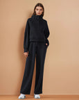 Fleece Lined Wide Legged Pants  - Black
