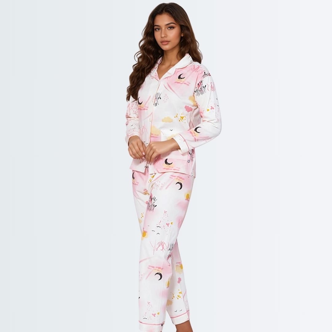 Full Sleeves Cotton Button Down Night Suit Set - Pink Spray