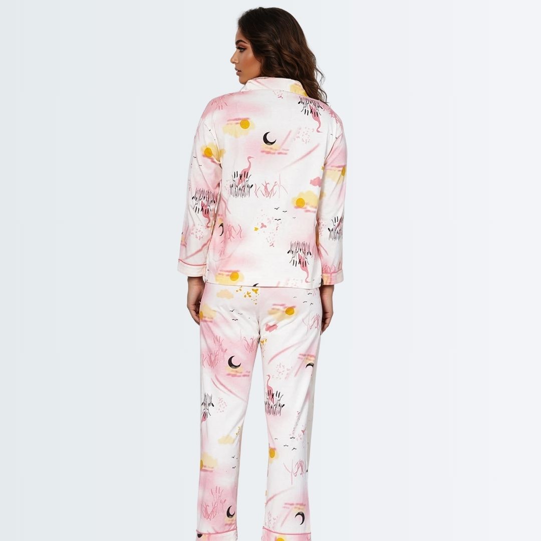 Full Sleeves Cotton Button Down Night Suit Set - Pink Spray