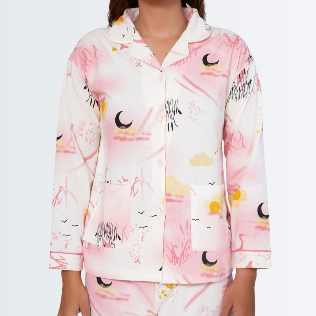 Full Sleeves Cotton Button Down Night Suit Set - Pink Spray