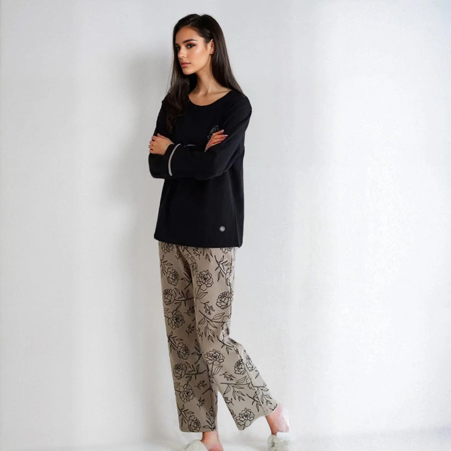 Full Sleeves Cotton Night Suit Set - Black