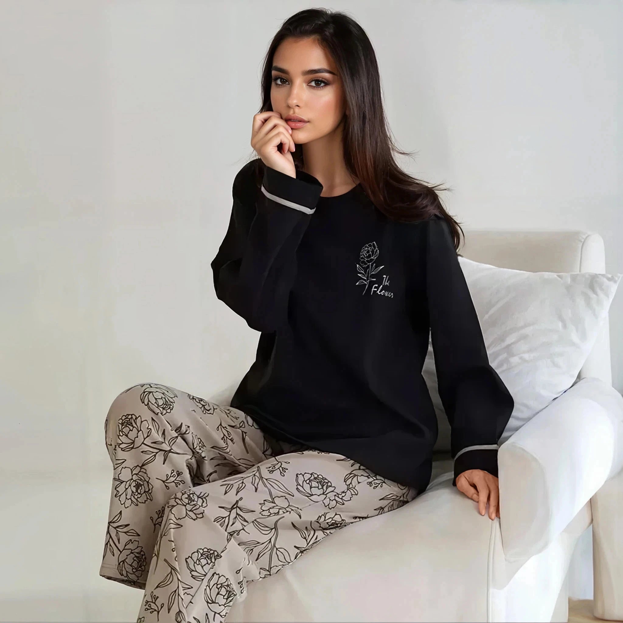 Full Sleeves Cotton Night Suit Set - Black