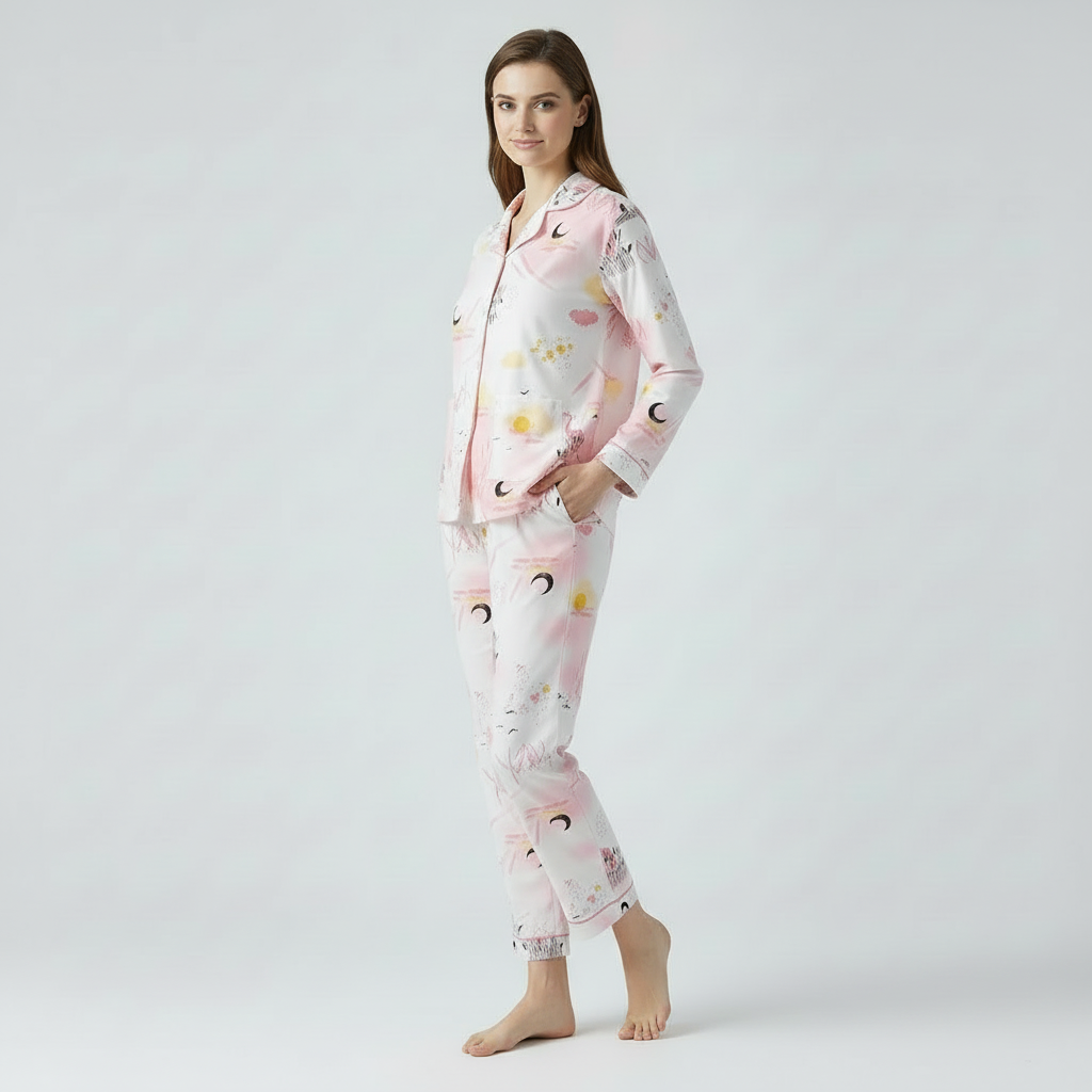 Full Sleeves Cotton Button Down Night Suit Set - Pink Spray