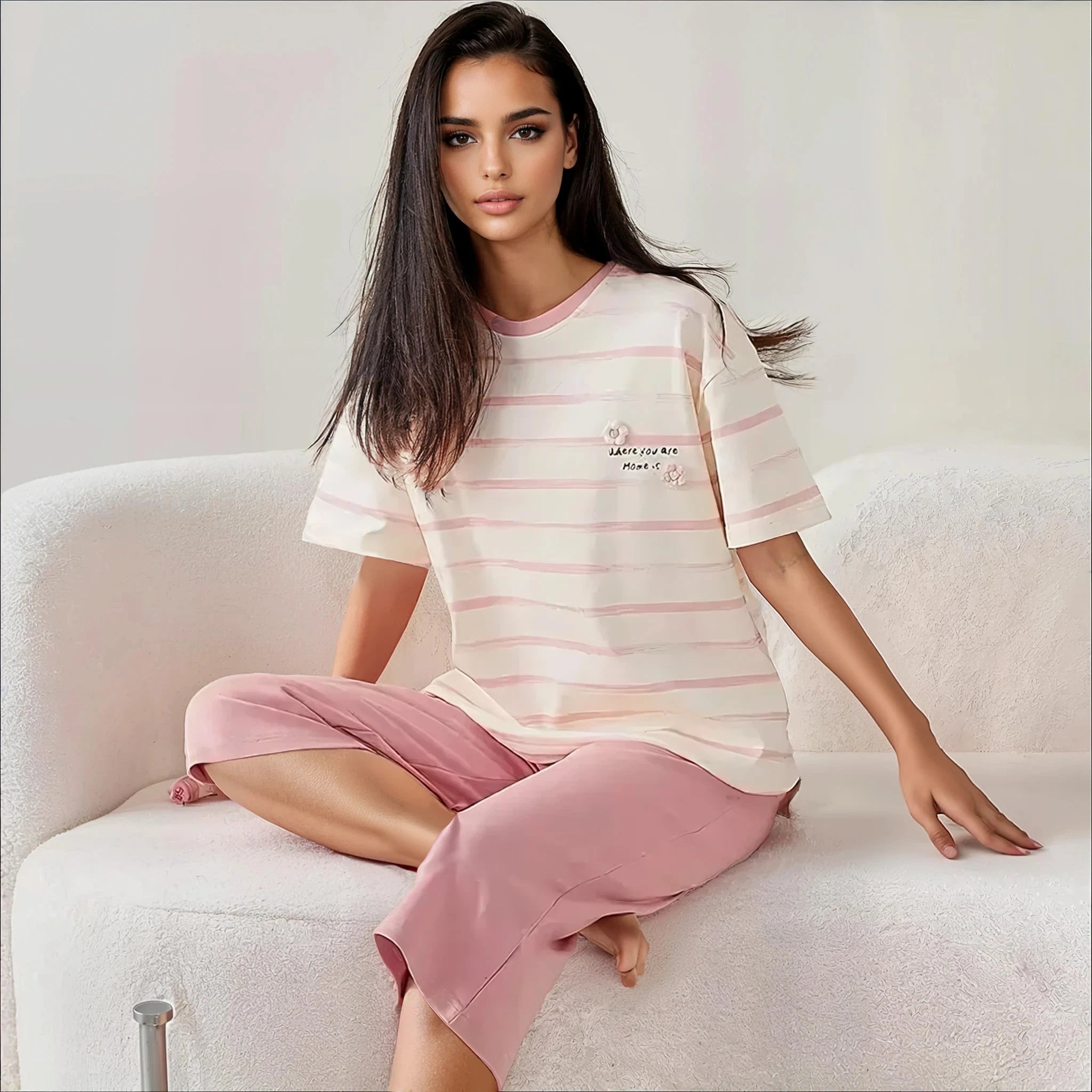 Half Sleeves Cotton Night Suit Set - Pink & Ivory