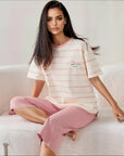 Half Sleeves Cotton Night Suit Set - Pink & Ivory