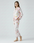 Full Sleeves Cotton Button Down Night Suit Set - Pink Spray