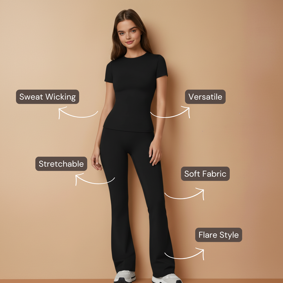 Half Sleeve Flare Pant Yoga Set - Black